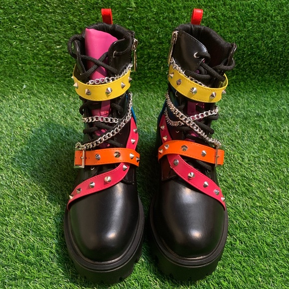 Platform Combat Boots with Multicolor Straps - Picture 3 of 12